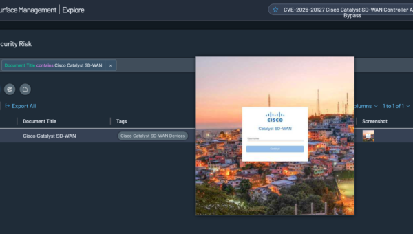 A screenshot of Tenable Attack Surface Management showing a query for Cisco Catalyst SD-WAN devices