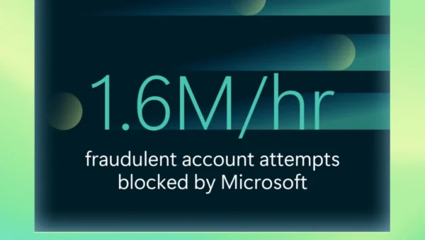 A graphic showing that 1.6 million fraudulent account attempts are blocked by Microsoft every hour.