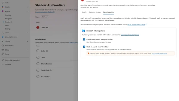 Microsoft 365 admin center showing Shadow AI OpenClaw agent with Intune security policies enabled to detect and block unmanaged AI agents.