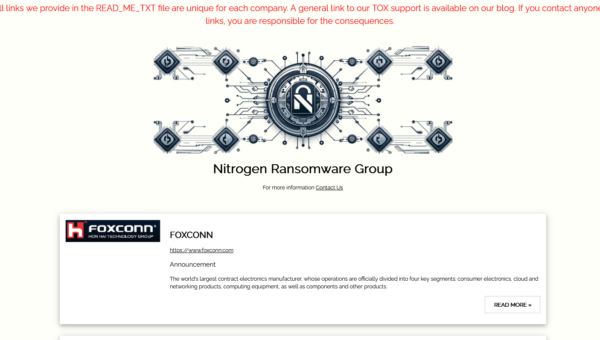 Nitrogen Ransomware claims massive data theft from Foxconn