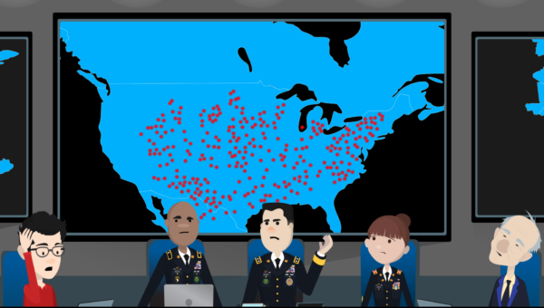 Leaders in front of a US map