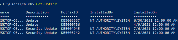 Get-HotFix cmdlet output