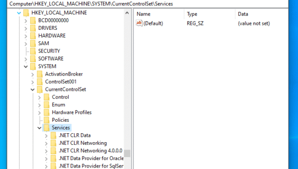 The “HKLMSYSTEMCurrentControlSetServices” registry key inside of regedit.exe