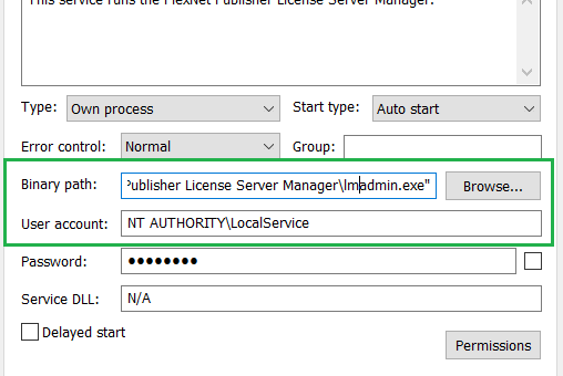 Properties of lmadminSchneider: the executable file and security context of the service