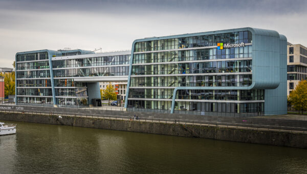 Microsoft office building along Rhine River in Cologne, Germany.