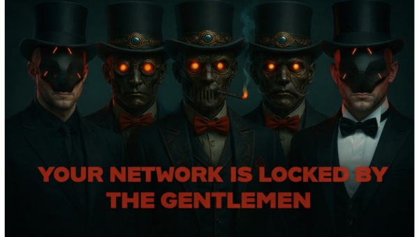 Image of The Gentlemen ransomware’s wallpaper, featuring five men wearing masks in tuxedos.