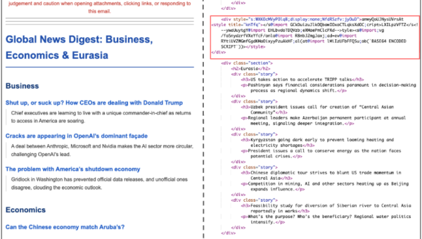 A screenshot of a split screen image displaying a webpage layout. On the left, content under 'Global News Digest: Business, Economics & Eurasia' with articles discussing CEOs, OpenAI, and the impact of American technology firms. On the right, rows of HTML code and text highlighting technical aspects of webpage formatting. The content covers topics such as business strategies, economic developments, and technological advancements