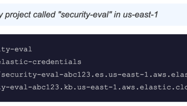 Confirmation message showing a new Elastic Security project named “security‑eval” created in the us‑east‑1 region, with saved credentials and links to Elasticsearch and Kibana.