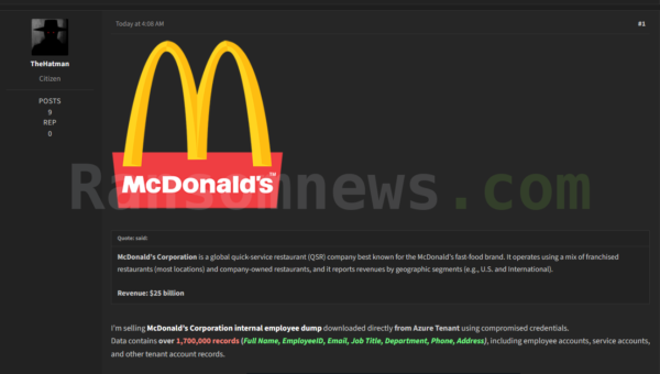 McDonald’s Employee Data Appears in Leak, Seller Claims 1.7M Records Stolen
