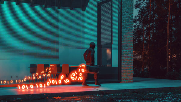 A figure walking with a glowing trail of binary code emanating from a case, symbolizing stolen data. (Getty Images Plus)