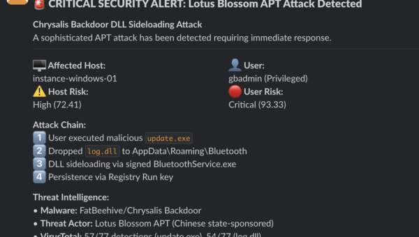 Example analyst notification in Slack after the AI agent has performed initial triage.