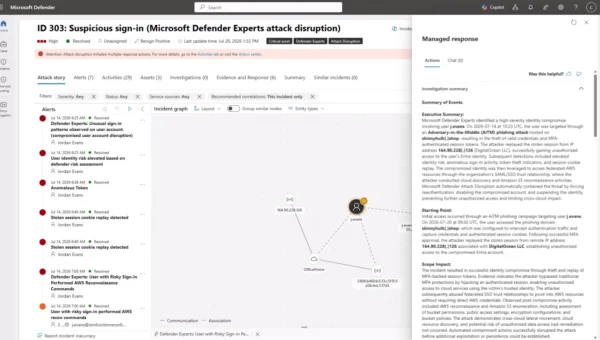 Screenshot of Microsoft Defender dashboard showing an ID 303 alert for suspicious sign-in linked to Microsoft Defender Experts attack disruption. The interface displays alert details with timestamps, severity levels marked in red, and a timeline graph highlighting key events and investigation steps.