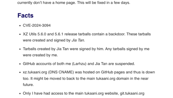 XZ Utils backdoor notification on the Tukaani Project