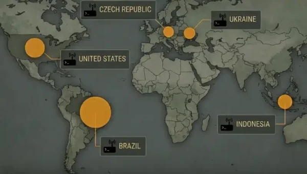 World map showing 122,500 internet-exposed MikroTik routers concentrated in Brazil, the United States, Indonesia, the Czech Republic and Ukraine