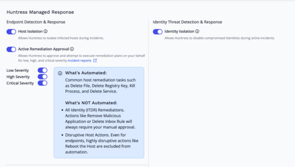 Huntress Managed Response toggle options