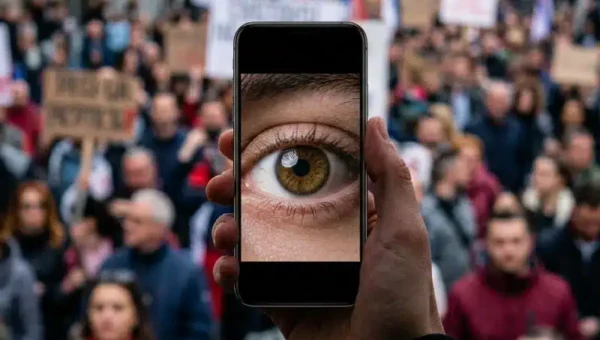 Pegasus, Pegasus Spyware, Serbia, Serbia Protests, Smartphone screen forming an eye shape against an abstract protest crowd, illustrating spyware targeting of Serbian student activists.