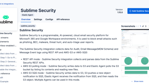 Sublime Security integration in Elastic, showing REST API and AWS S3 modes for collecting email security data