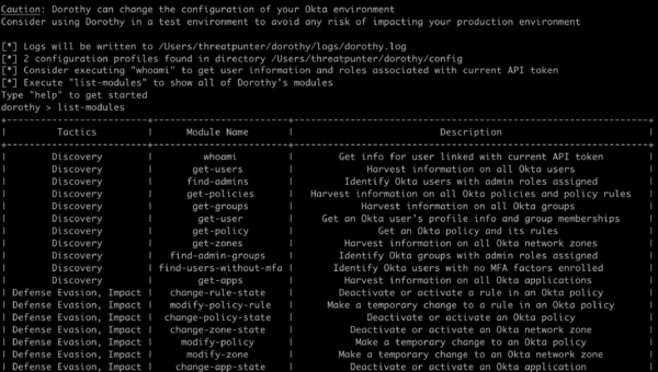Figure 1 - Starting Dorothy and listing its modules