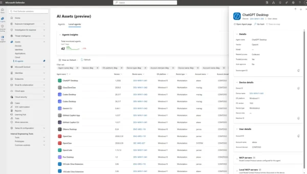 Screenshot showing the local AI agents inventory in the Microsoft Defender portal with discovered agents listed.