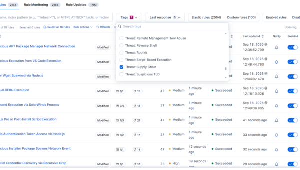 Elastic SIEM rules list filtered by the Threat: Supply Chain tag in Kibana