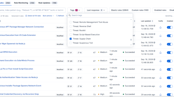 Elastic SIEM rules list filtered by the Threat: Supply Chain tag in Kibana