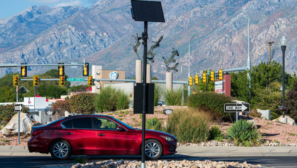 A solar-powered Flock Safety automated license plate reader at a traffic roundabout in American Fork, Utah, on September 20, 2026. (Charles-McClintock Wilson/NurPhoto via Getty Images)