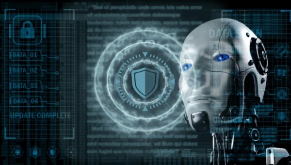 Futuristic illustration of a white humanoid robot with glowing blue eyes against a dark digital background filled with data grids, computer code and cybersecurity interface elements. A glowing circular shield icon appears beside the robot, while padlock symbols, data labels and other digital controls suggest information protection and system monitoring. The image represents artificial intelligence security risks, data privacy, cybersecurity vulnerabilities and the challenges businesses face in protecting sensitive information as AI adoption expands.